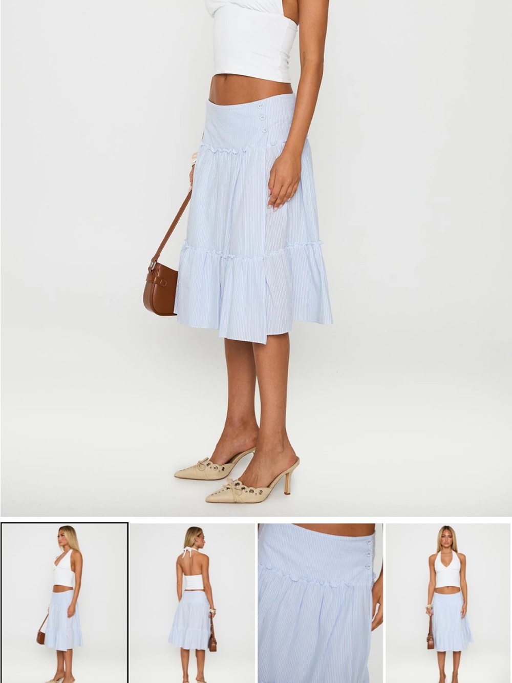 Princess Polly cascades low rise midi skirt blue/white stripped